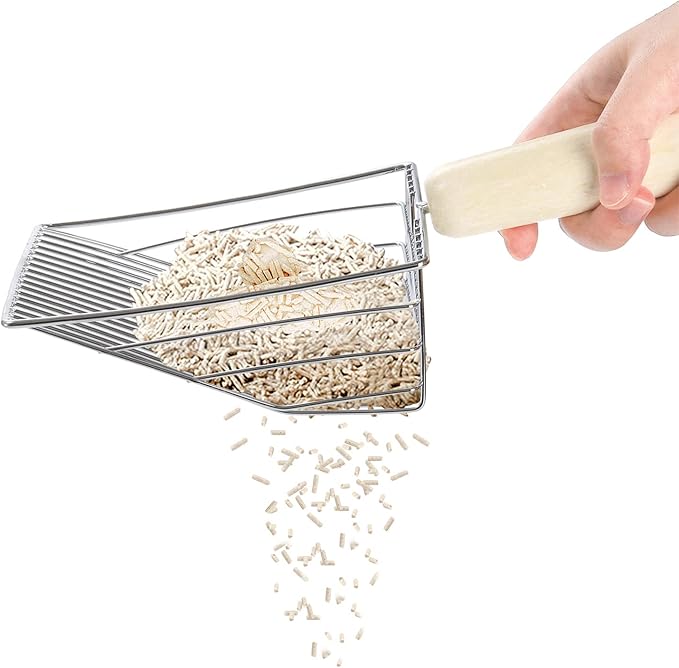 Hiceeden Set of 2 Cat Litter Scoop with Holder, Metal Kitty Litter Scoop Holder with Wooden Handle, Cat Poop Scooper for Kitten Litter Box, Fast Sifting, Gray and Blue