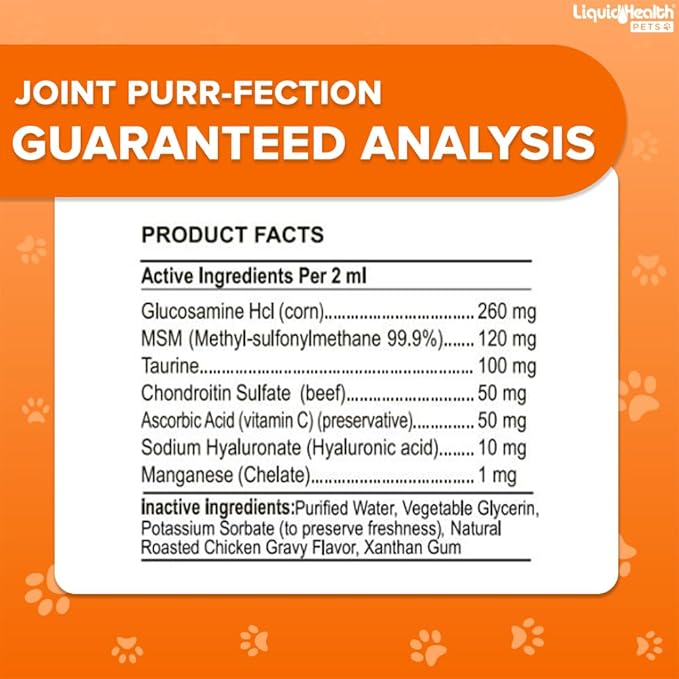 LIQUIDHEALTH Pets Liquid Cat Glucosamine Joint Purr-Fection - Hip & Joint Health Relief Support, Chondroitin Feline Droppers for Senior Older Adult Cats & Kittens - Made in The USA (2 oz)