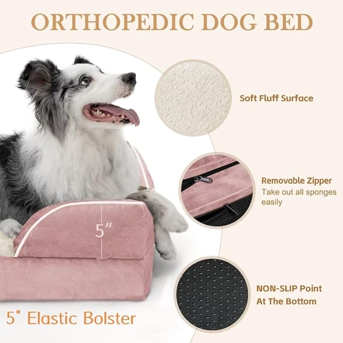 Comfort Expression Waterproof Orthopedic Foam Dog Beds Extra Large Dogs, XL Dog Bed with Bolster, Washable Pet Sofa Couch with Removable Cover & Non-Slip Bottom(X-Large,Pink)