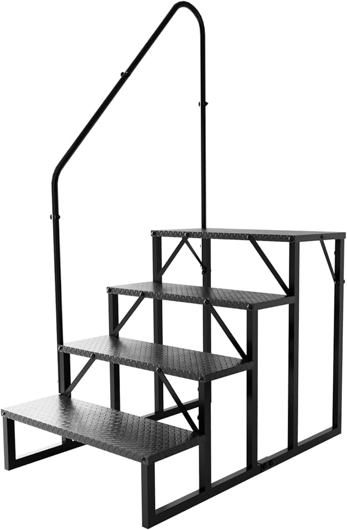 RV Stairs 4 Step Ladder, RV Steps Anti-Slip, Hot Tub Steps with Handrail, 660 lbs RV Ladder for 5th Wheel RV, Mobile Home Stairs