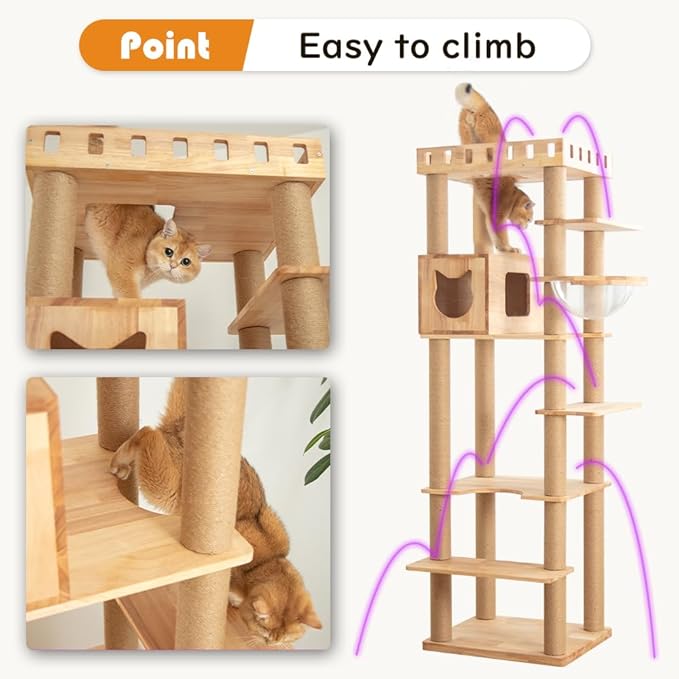 74.8" Wooden Cat Tree Tower for Large Cats, Multi-Level Cat Climbing Furniture with Scratching Posts, Cat Condo & Hammock, Natural Wood Cat Activity Center (Brown)