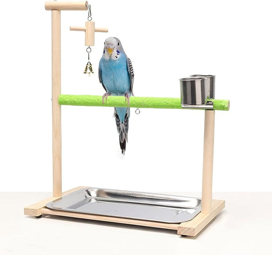 Bird Palyground, Parrot Playstand Natural Wood, Bird Perch Stand Gym with Feeder Cups and Removable Tray, Bird Cage Accessories for Parakeets Cockatiels Lovebirds