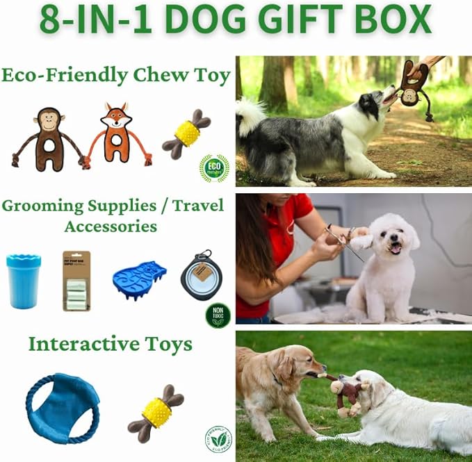 Durable Dog Chew Toys Gift Box – Eco-Friendly Teething Toys for Aggressive Chewers, Plush & Squeaky Toys, Toothbrush, Ideal Gift Basket for Medium & Large Dogs