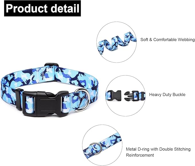 Mercano Adjustable Dog Collar - Special Design Patterns, Soft Nylon Comfortable Durable Pet Collar for Small Medium Large Dogs (L, Dog Camouflage Blue)
