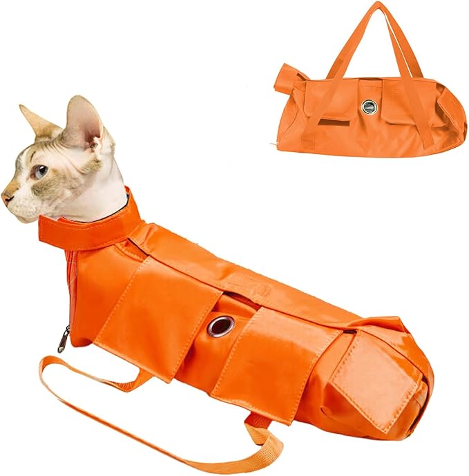 HDKUW Cat Grooming Bag,Foldable Travel Carrier for Cats,Anti-Bite Anti-Scratch Cat Grooming Restraint Bag,Pet Carrier for Administering Eye Drops,Ear Cleaner,Clipping Nails Orange L