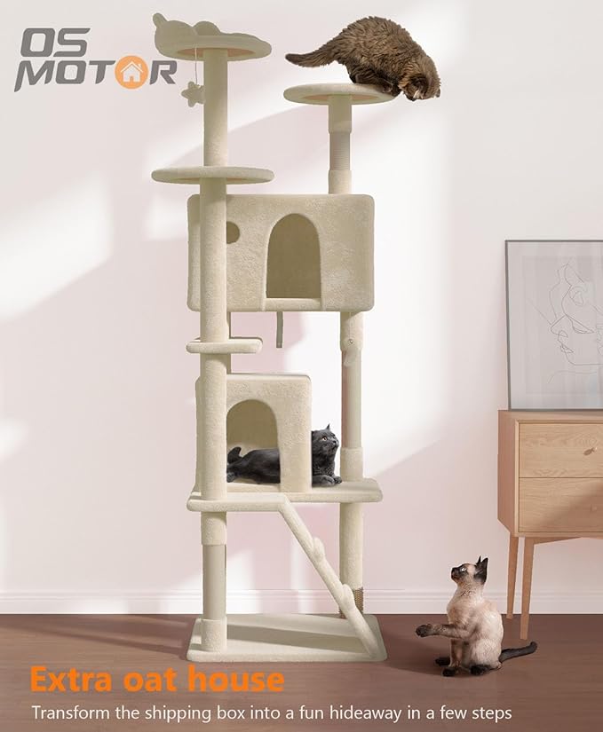 77'' Cat Tree Tower for Indoor Cats Large Adult, Cute/Tall Modern Cat Tree for Big Cats 20 lbs, Plush Multi-Level Cat Condo with Scratching Posts, Dangling Ball for Fun Play (Beige, 77 inch)