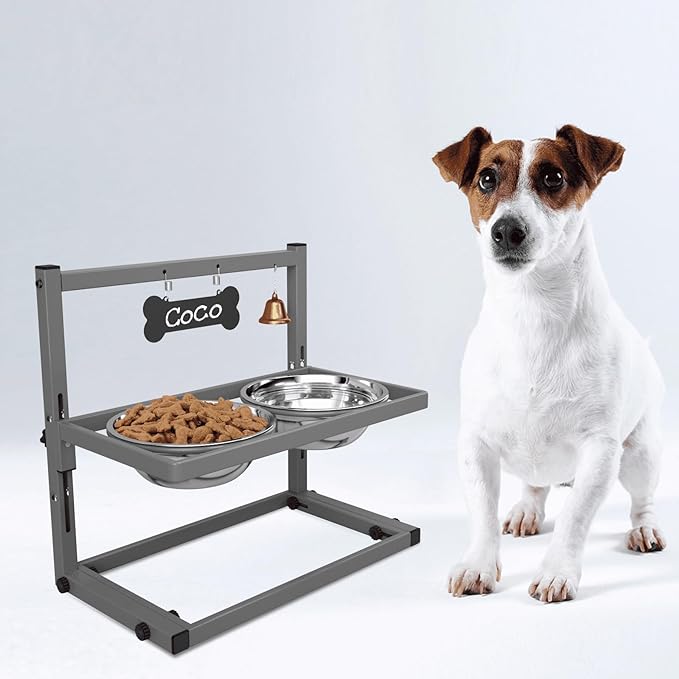 SHAINFUN Elevated Dog Bowls - Raised Stand with 2 Stainless Steel Bowls, Adjustable Height Feeder for Small and Medium Dogs, Puppies, Cats - Grey