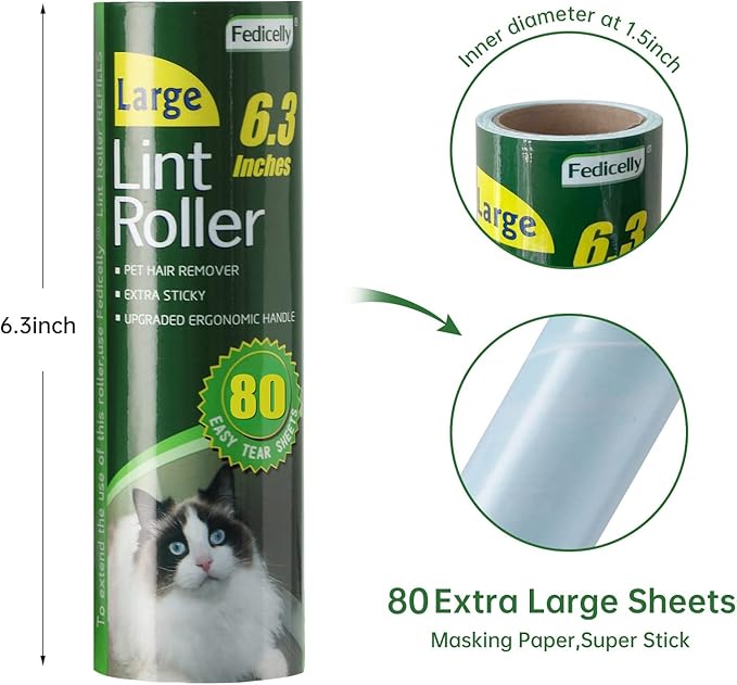 Floor Lint Rollers Pet Hair Extra Sticky with Retractable Long Handle,Large Cat Dog Hair Remover Laundry Clothes Carpet Furniture,6.3 inches Wider with 640 Sheets Giant Lint Remover Brush for Couch