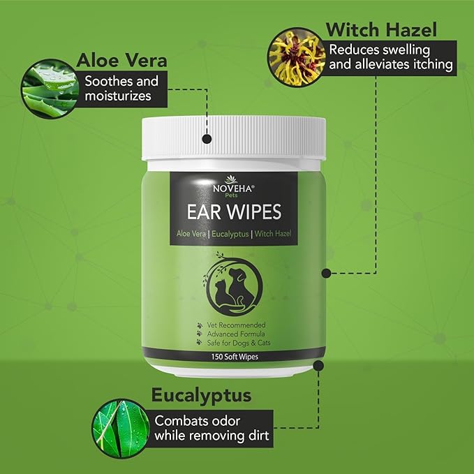 NOVEHA - Dog Ear Cleaner Wipes, Daily Ear Cleaner for Dogs & Cats - Stop Ear Itching with Aloe, Eucalyptus & Witch Hazel Ear Wipes for Dogs - for Odor Control, Dirt and Wax Removal, Unscented (300 Ct)