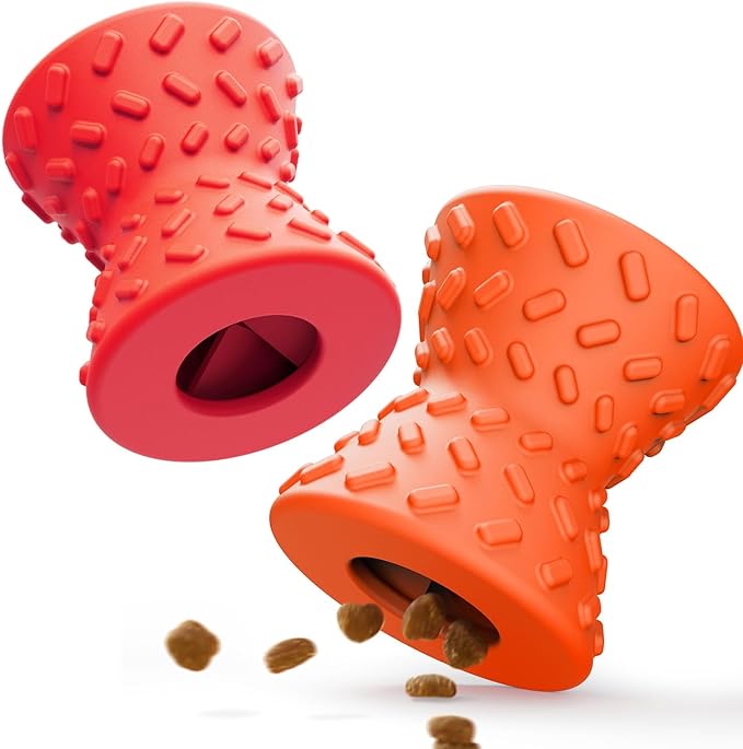 Puppy, Toys Interactive Dog Toy, Treat Dispenser Toy,Natural Rubber Dumbbell Shaped, 2pcs(Orange+Red)