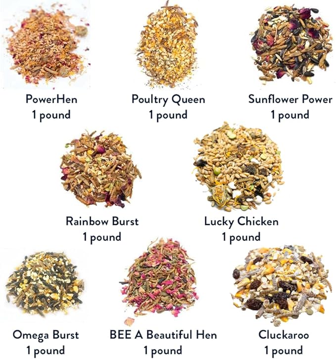 Pampered Chicken Mama Chicken Treat for Hens 8 Pounds Sampler Bundle: 8 Different Treats in One Box! - Grubs, Dried Mealworms, Cracked Corn, Oyster Shell, & Duck Feed