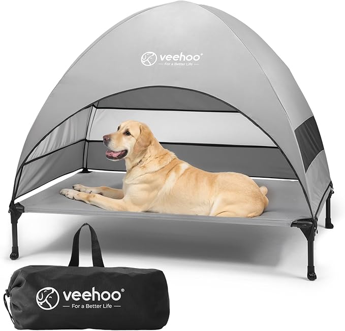 Veehoo Outdoor Dog Bed with Canopy, Cooling Elevated Pet Cot with Removable Shade, Non-Slip Feet, Raised Dog Cot for Large Dogs, Pet Tent Bed for Camping, Beach, Large, Grey, CWC2411