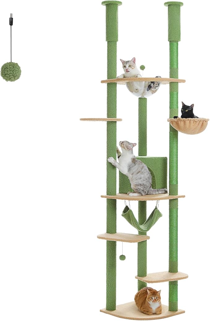 PEQULTI Floor to Ceiling Cat Tree 92.9’’-101.6’’ Height Adjustable Cat Tower Tall Kitty Climbing Play House with Scratching Posts, Cozy Condo, Perches and Large Hammock for Indoor Cats Green