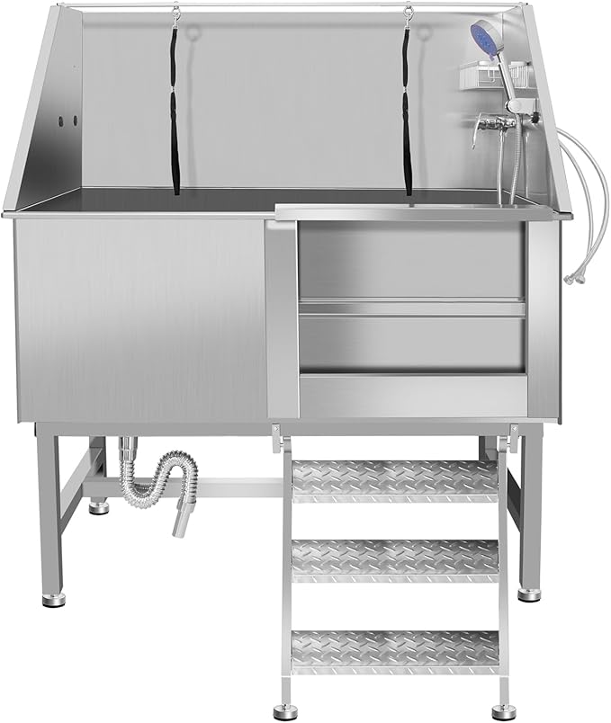 50" Pet Dog Bathing Station W/Ramp, Professional Stainless Steel Dog Grooming Tub W/Soap Box, Faucet,Rich Accessory, Dog Bathtub for Large,Medium,Small Pets, Washing Sink for Home (50" Right ramp)
