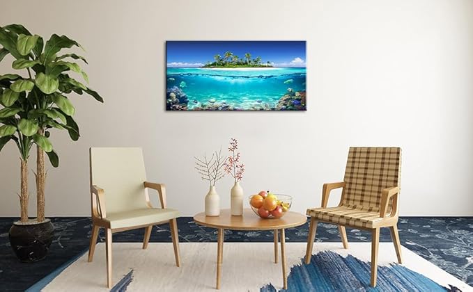 Tropical Island Coral Reef Landscape Canvas Wall Art for Living Room,Unique View Split Waterline Scenery,Beautiful Nature Summer Travel Scenic Picture Print Artwork Painting Decor,Inner Frame 24x48