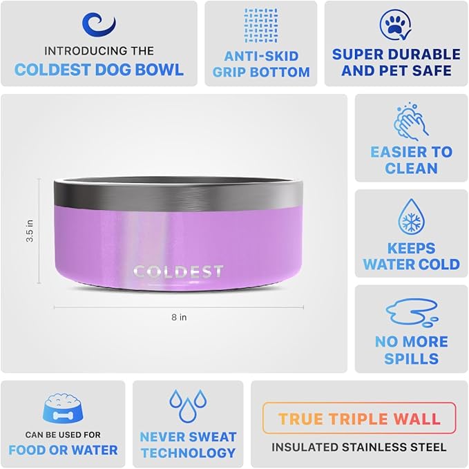 Coldest Dog Bowl - Anti Rust Metal, Non Slip, 3 Layers Insulated Stainless Steel Dog Bowls - Spill Proof & Heavy Duty - Water Bowl for Dogs, Cats, Dish Washer Safe (64 oz, Saturns Purple Glitter)