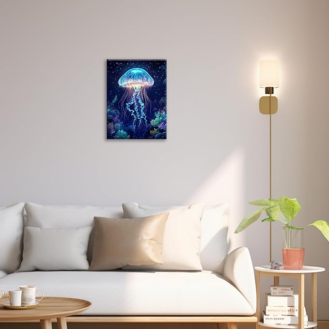 Ocean Jellyfish Wall Art Canvas Coral Fish Wall Decor Prints Framed Painting Underwater Pictures Gifts Artwork for Bathroom Living Dining 16"x20"