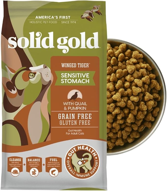 Solid Gold Sensitive Stomach Dry Cat Food - Grain Free & Gluten Free Sensitive Stomach Cat Food for Indoor Adult & Senior Cats - Dry Kibble for Cats w/Quail, Pumpkin & Probiotics for Gut Health - 3lb