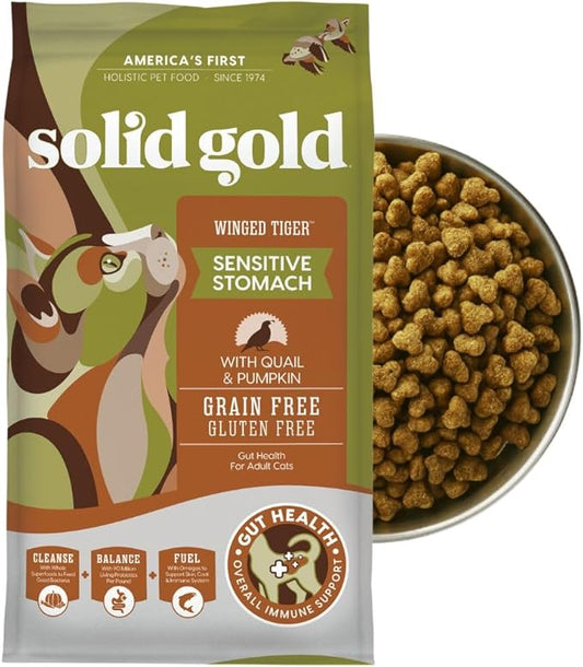 Solid Gold Sensitive Stomach Dry Cat Food - Grain Free & Gluten Free Sensitive Stomach Cat Food for Indoor Adult & Senior Cats - Dry Kibble for Cats w/Quail, Pumpkin & Probiotics for Gut Health - 3lb