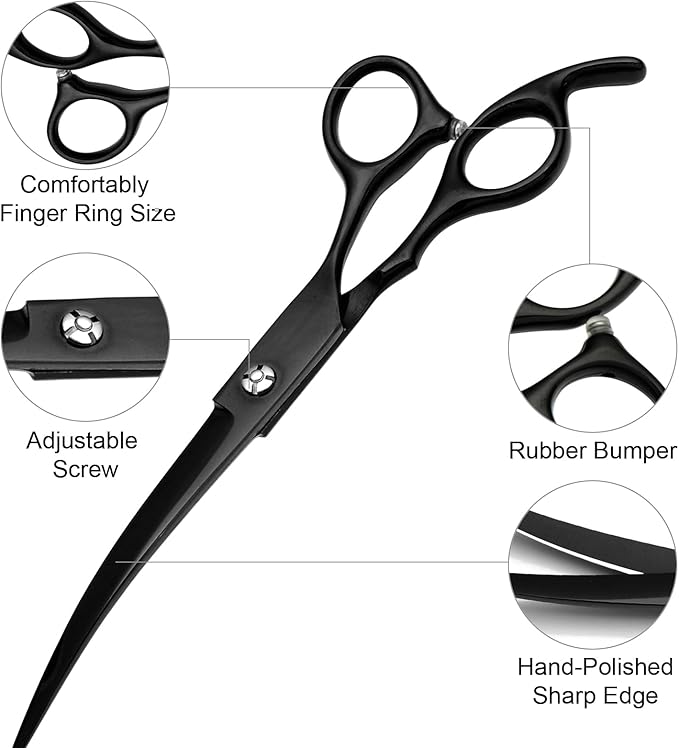 Professional Dog Grooming Scissors Set Stainless Steel Dog Grooming Kit - Thinning, Curved Scissors and Comb for Dog Cat Pet (Black 5 in1)