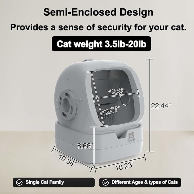 Automatic Self-Cleaning Cat Litter Box with APP-Controlled, Weight Tracking – 86L Ultra-Quiet, Smart Health Monitor, and Safe Anti-Pinch Design (Assembly Required) -Light Grey
