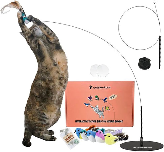 Interactive Catnip Bird Toy Set, Interactive Cat Toys for Indoor Cats, Cat Feather Toy, Suction Cup, Weighted Base, 5 Replacement Birds, Feathers & Bells, Realistic Bird Impression