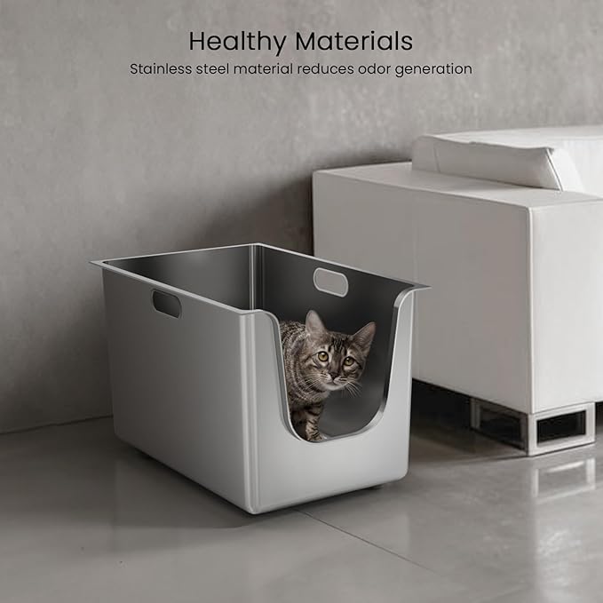 Stainless Steel Litter Box 13.7'' High Sides, XL Metal Cat Litter Box with Curved Low Entry, Cat Litter Pan for Big & Multiple Cats, Pet Toliet with Handy Wheels for Easy Moving