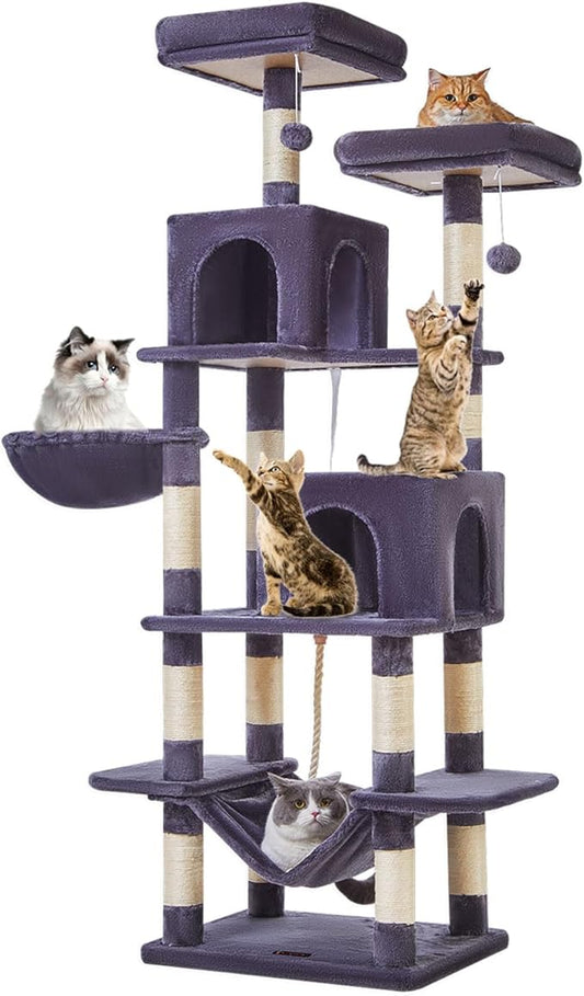 Taoqimiao Cat Tree, 71.7-Inch Cat Tower for Indoor Cats, Plush Multi-Level Cat Condo with 13 Scratching Posts, 2 Perches, 2 Caves, Hammock, 2 Pompoms,Smoky Gray MS013LG