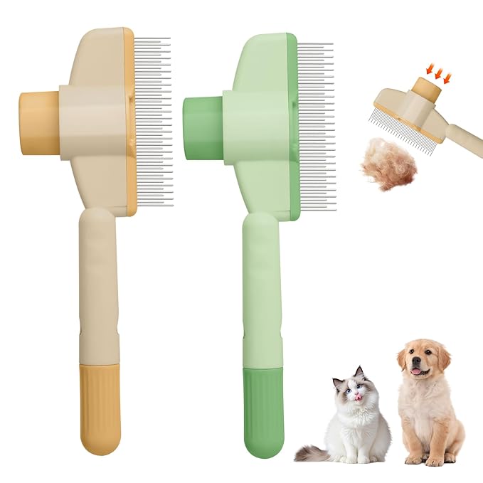 Pet Hair Removal Comb Flea Comb, 2025 New Cat Grooming Brush with Release Button, De-Shedding Cat Brush for Short and Long Hair Cats (Yellow+Green)