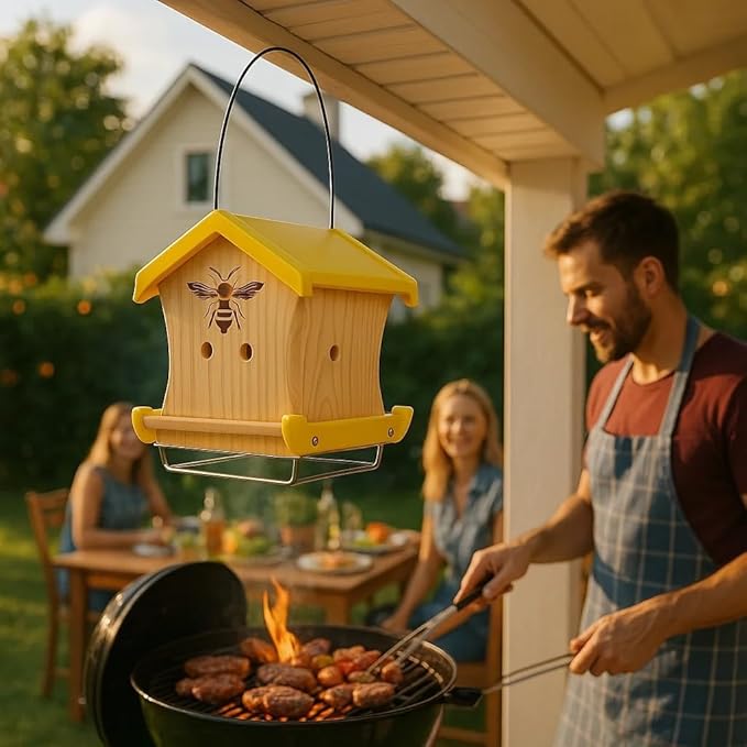 Carpenter Bee House for Outside, Wood Beetrap for Outdoors Insect House Hotel for Garden Stainless Cable Bee Box Without Bottle 2025 New Heavy Duty