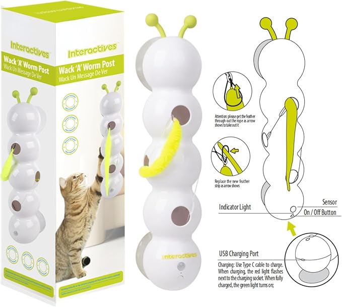 Interactive Caterpillar Cat Toy, Motion Sensor, Simulation of Biological Trajectory, ABS, USB Rechargeable, Stable Suction Cup, Cat Feather Toys for Indoor Cats, Caterpillar Smart Toy with 2 Tails