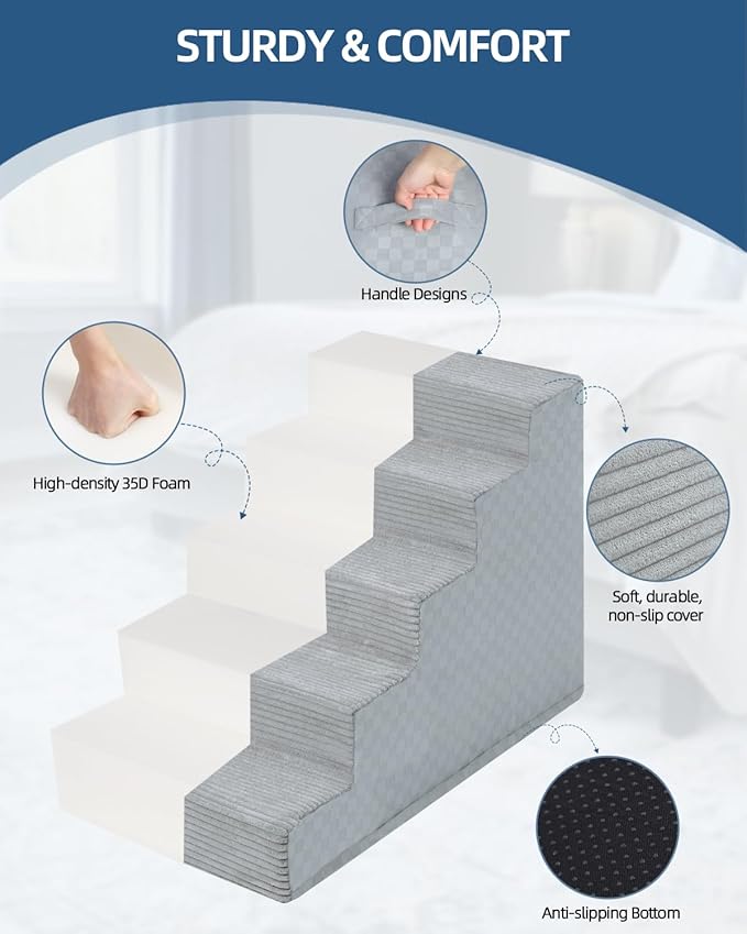 Dog Stairs for Small Dogs,13" H,3-Step Dog Steps for Bed and Couch with High Density Foam,Non-Slip Pet Steps for Doggy and Cat,Pet Stairs with a Washable Cover,Grey