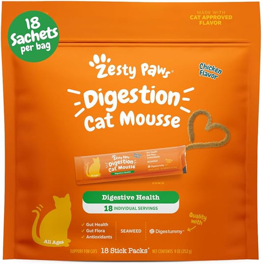 Zesty Paws Cat Mousse Squeezies Puree Cat Treats for Digestion - with Seaweed, Omega Fatty Acids, Antioxidants - Support for Digestive Health Cats - Chicken Flavor - 18 Count
