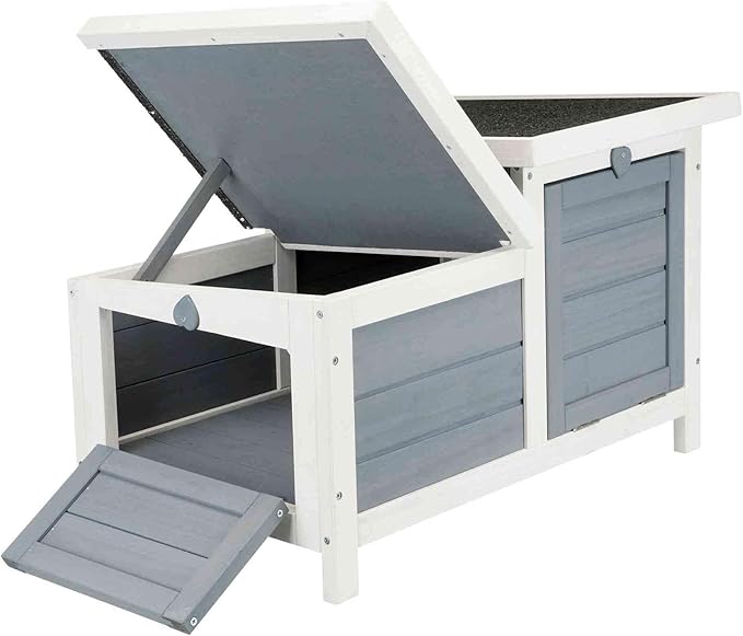 TRIXIE natura Small Animal House - Outdoor/Indoor Rabbit Hideout with Hinged Roof & Raised Floor - Solid Wood House with 2 Entry Ramps, Weather-Resistant Home for Bunnies & Guinea Pigs - in Gray