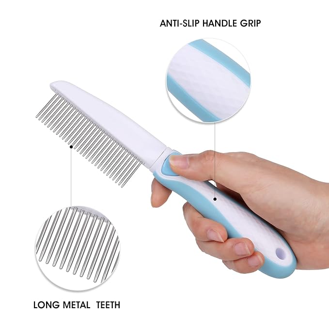 Professional Stainless Steel Grooming Comb for Dogs & Cats - Detangler for Long/Curly Hair, Removes Tough Mats, Knots & Tangles - Pain-Free Undercoat Deshedding Tool for DIY Pet Grooming