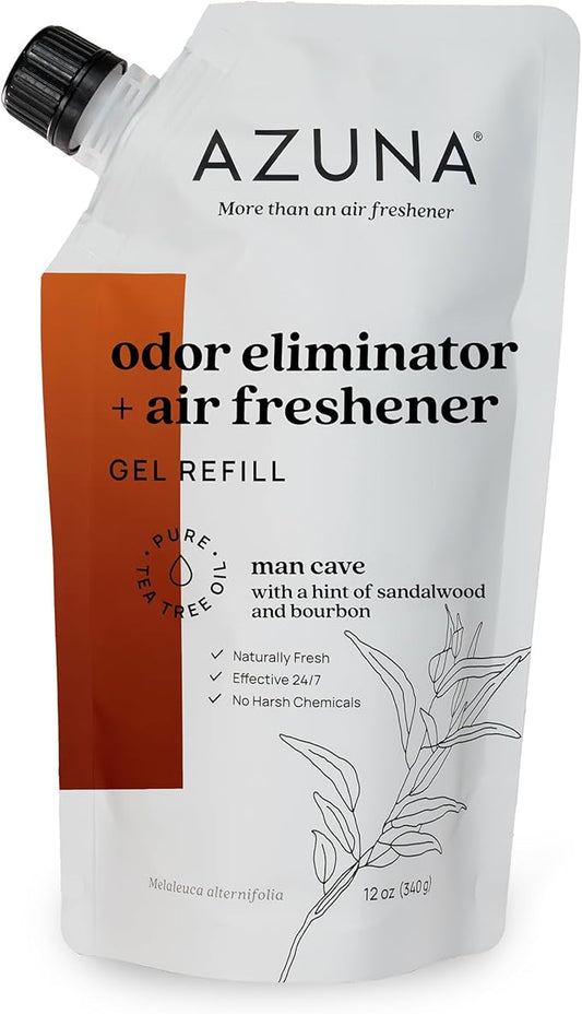 Azuna All-Natural Odor Remover Gel Refill Pouch | Air Purifier with Tea Tree Oil | Plant-Based & Long Lasting | For Pet Odors, Smoke & Strong Odors | Sandalwood/Bourbon, 12 oz.