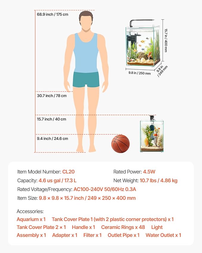 VEVOR Fish Tank Aquarium, 5 Gallon Square Ultra-Clear Glass Starter Smart Tank Adjustable 3 Color Lighting, Self Cleaning System Fishbowl for Freshwater & Saltwater Fish Home, Office, or Pet Use