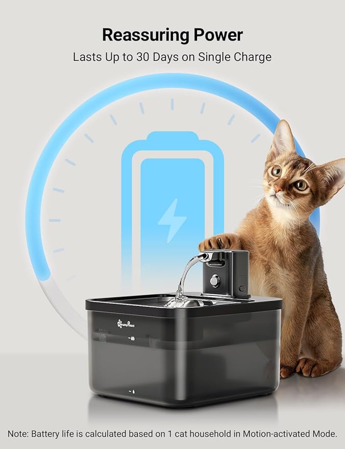 DownyPaws Cat Water Fountain Stainless Steel Cordless, 84oz/2.5L Fursink Wireless Pet Water Fountains for Cats Indoor, Battery Operated Cat Drinking Fountain, Ultra Quiet Pump, BPA-Free, Black