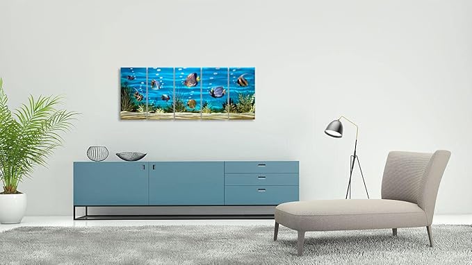 SYGALLERIER School Of Fish Metal Wall Art Handcrafted 3D Coastal Aluminum Artwork Modern Abstract Sea Styles Wall Accent in Blue Green Silver Color for Living Room Bedroom Bathroom Decor