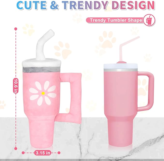 Squeaky Dog Toy - Crinkle Pup Cup Tumbler Plush Dog Toy with Cute Daisy Design for Small Medium Breeds, Funny Interactive Puppy Birthday Gift (Pink)