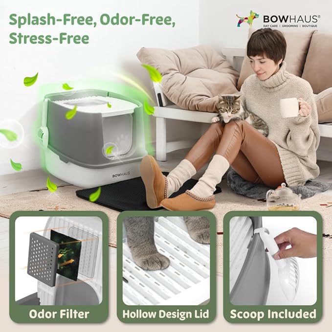 Fully Enclosed Cat Litter Box w/Lid, Scoop, Cat Mat & Odor Fitter, Large Plastic Cat Toilet with Double Door, Anti-Splashing Cat Litter Box with Lockable Front Door, Dark Grey