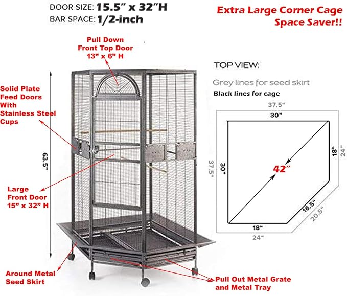 X-Large Corner Parrot Bird Flight Breeding Wrought Iron Rolling Cage Solid Plated Feeder Doors with Around Metal Seed Guard