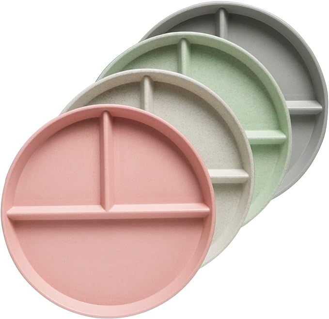 greenandlife 9 Inch (4PCS) Unbreakable Divided Plates for Kids Adults, Dishwasher & Microwave Safe Compartment Plate, Lightweight Reusable Plastic Portion Control Plates, BPA Free and Healthy