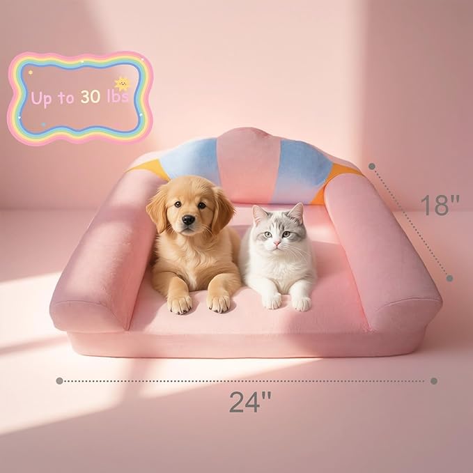 Cute Cat Couch with Soft Pillow, Supportive Dog Couch, Cat Sofa with Removable Cover，Cute Rainbow Shaped, 24 Inch
