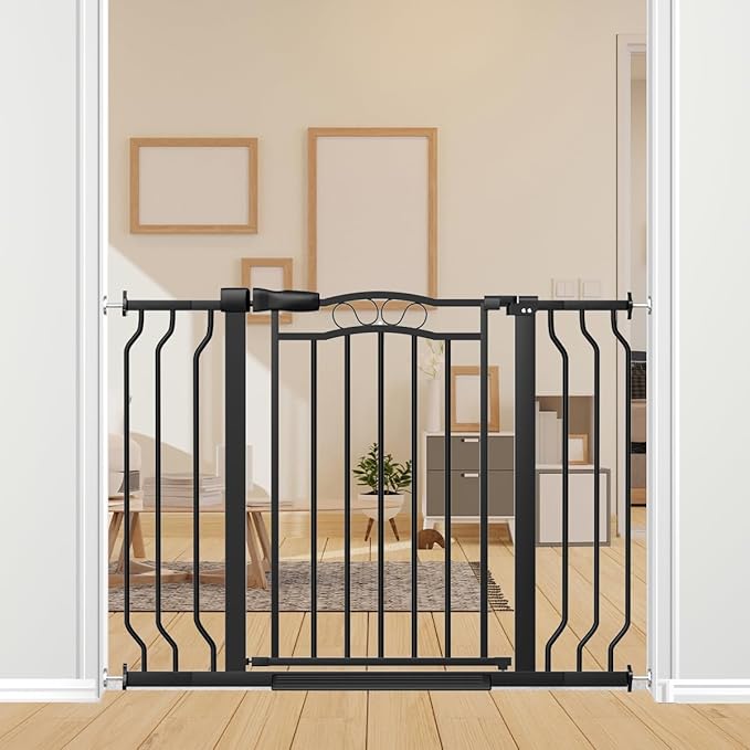29.5-43.7" Wide Baby Gate for Stairs No Drilling, 30" Tall Metal Pet Baby Safety Gates with Expansion Kit, Press Mounted Pet Gate Indoor for Kids, Walk Through Dog Gates for Doorways, Black