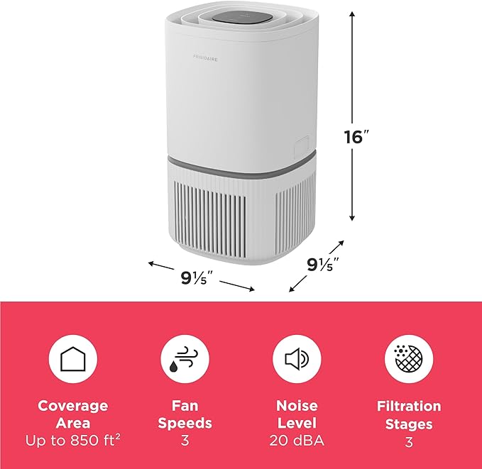 Frigidaire PureA300 HEPA Air Purifier for Small Bedrooms, Covers up to 850 Sq. Ft., 3-Stage Filtration, Energy Star Certification, Air Quality Monitoring, Smart Mode, Ultra Quiet, White