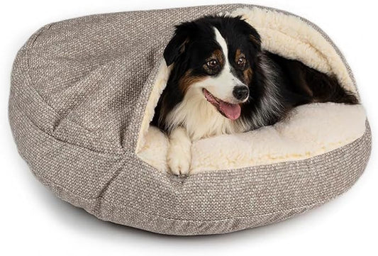 Snoozer Luxury Cozy Cave Dog Bed - Indoor Dog Bed with Cover Cave, Covered Calming Burrow for Small & Medium Sized Pets with Blanket Attached, Enclosed, Washable - Large, Merlin Linen