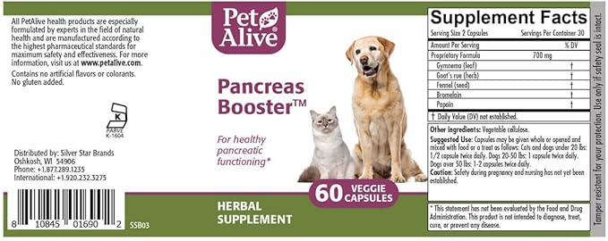 PetAlive Pancreas Booster - All Natural Herbal Supplement for Pancreatic Health and Digestive Functioning in Cats and Dogs - Supports Healthy Insulin Production - 60 Veggie Caps
