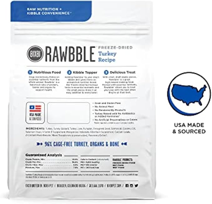BIXBI Rawbble Freeze Dried Dog Food, Turkey Recipe, 4.5 oz - 96% Meat and Organs, No Fillers - Pantry-Friendly Raw Dog Food for Meal, Treat or Food Topper - USA Made in Small Batches