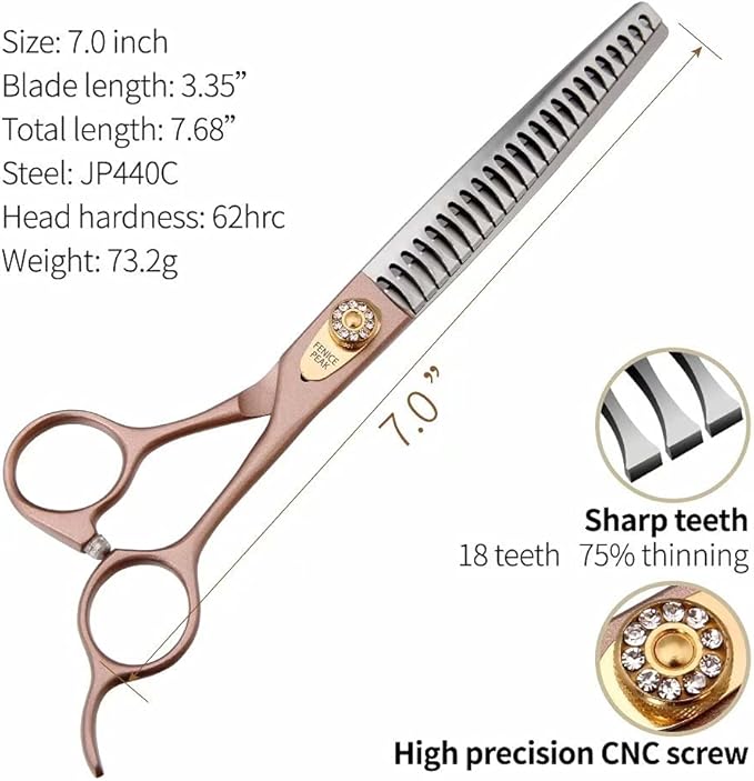 Fenice Peak Thinning Shears for Dogs and Cats Pet Grooming Scissors Chunkers Shears 440C Stainless Steel Professional Dog Trimming Scissors 7''